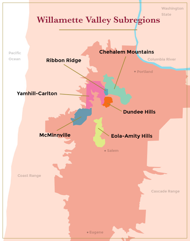 A map of the Willamette Valley wine region